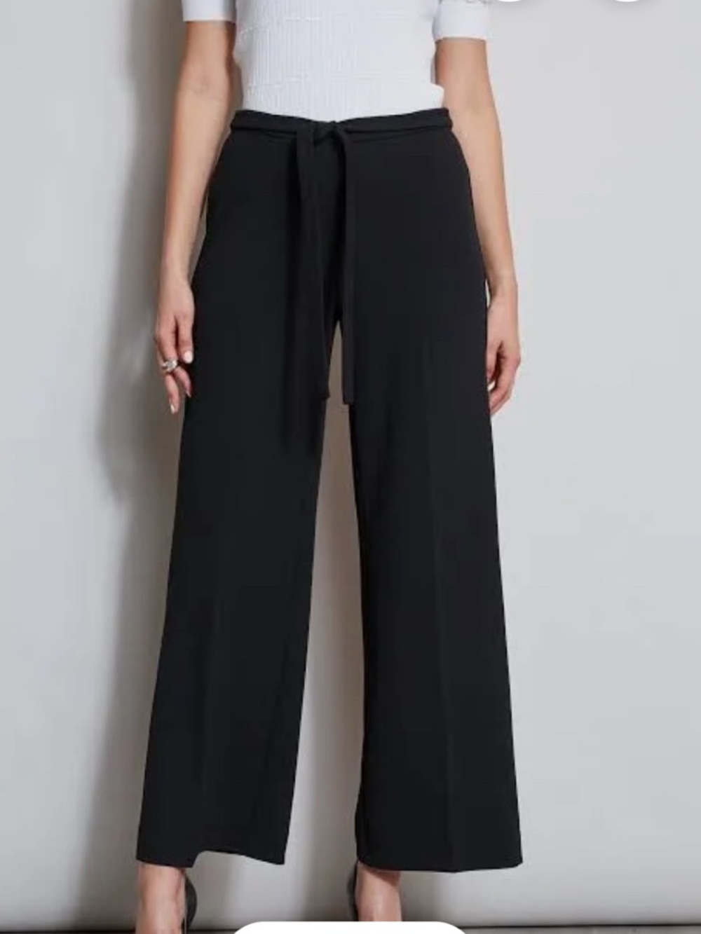 Tahari Black Wide-Leg Tie-Waist Stretch Pull On Pants Sz L Casual Classic